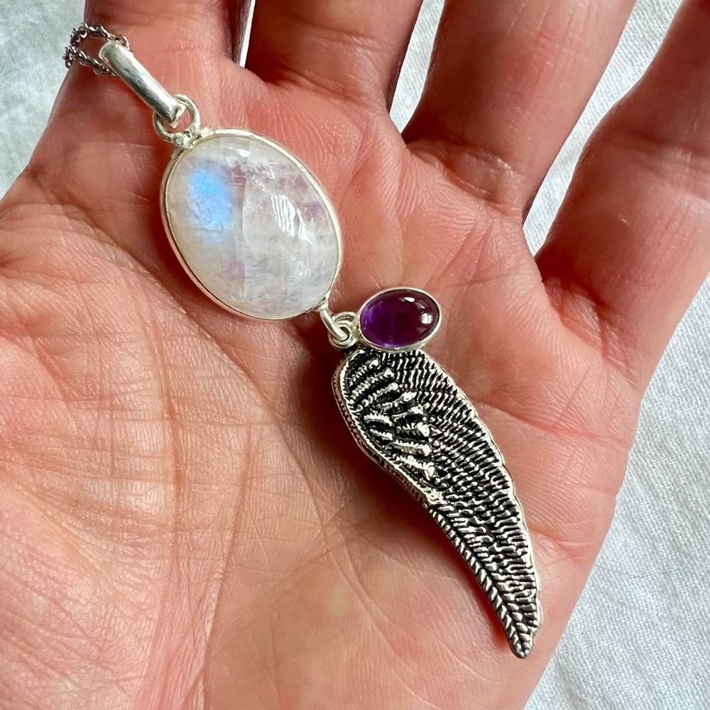 925 Rainbow Flash Moonstone Feather + Amethyst Lucky Pendant Necklace
